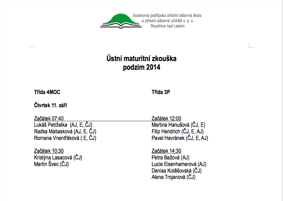 Rozpis ústních maturit 2014 podzim